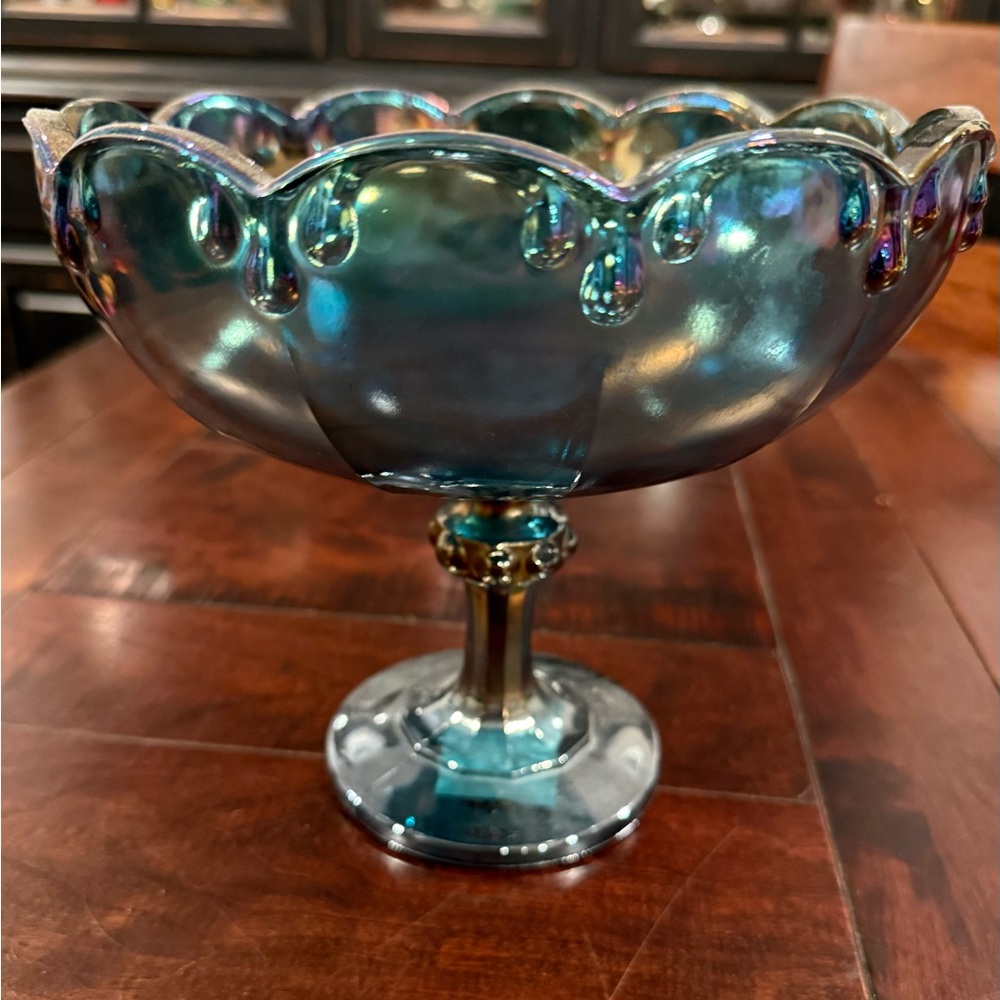 Indiana Carnival Blue Iridescent Footed Compote Pedestal Bowl